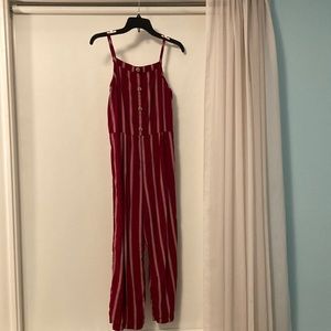 Red pinstripe jumpsuit